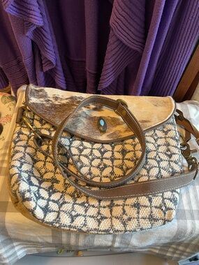 Brown Patterned Canvas and Leather Crossbody Bag